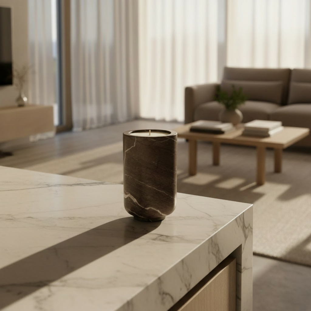Modern living room with a vase on a marble surface